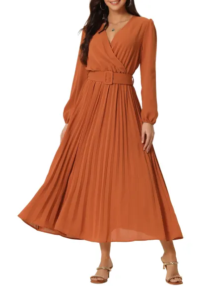 Allegra K- Pleated Puff Long Sleeve V Neck Belt Waist Midi Dress