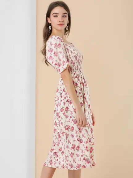 Allegra K- robe florale à col carré manches bouffantes Casual Midi Smocked