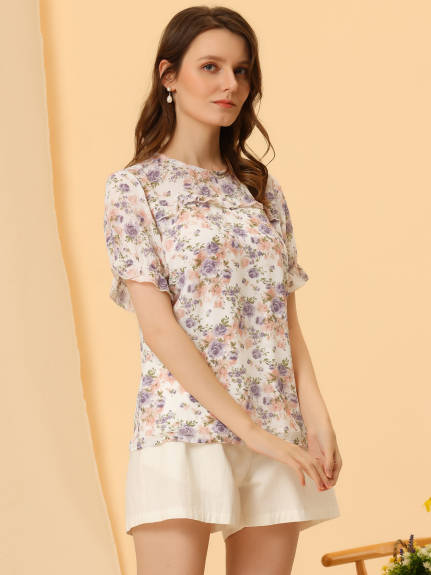 Allegra K- Chiffon Ruffled Trim Floral Blouse