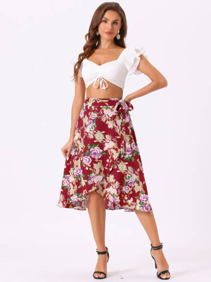 Allegra K- Floral Boho Wrap Midi Skirt