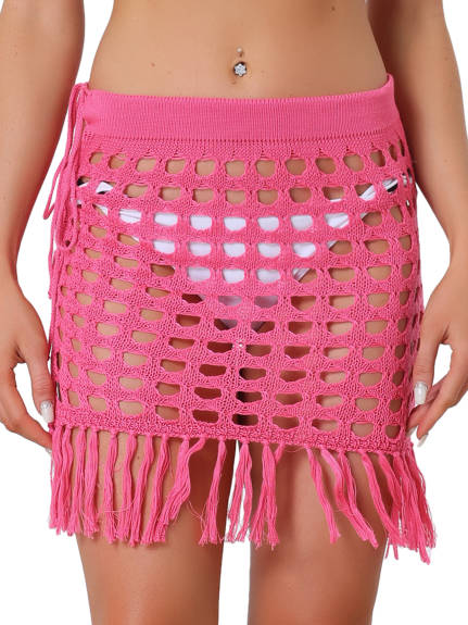 Allegra K- Crochet Tassel Mesh Cover Up Drawstring Beach Skirt