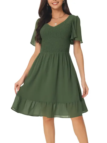 Allegra K - Summer Solid Smocked Chiffon Dress