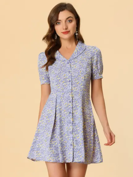 Allegra K- Floral Short Sleeve Button Flare Shirt Dress