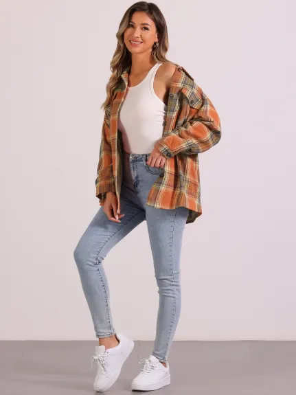 Allegra K - Casual Drop Shoulder Loose Plaid Shirt