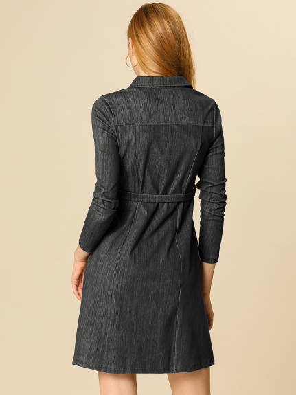 Allegra K- Half Placket Long Sleeve Belted Shirt Dress