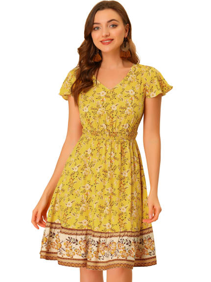 Allegra K- Floral Flutter Sleeve Smocked Waist V Neck Flowy Bohemian Dress