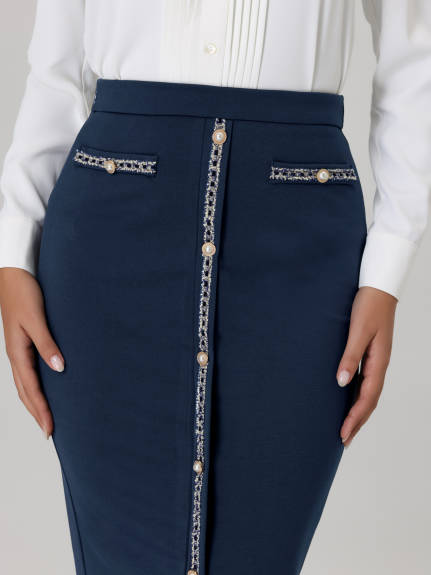 Hobemty- High Waist Tweed Trim Midi Pencil Skirt