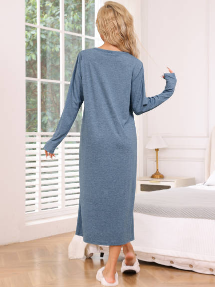 Cheibear - Button Down Long Sleeve Knit Nightgown