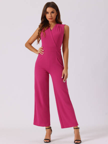 Allegra K - Elegant Wrap V Neck Wide Leg Work Jumpsuit