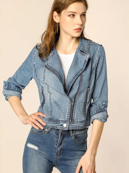 Allegra K- Veste en jean moto asymétrique à revers cranté et fermeture éclair