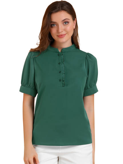 Allegra K - Puff Sleeve Chiffon Half Placket Top