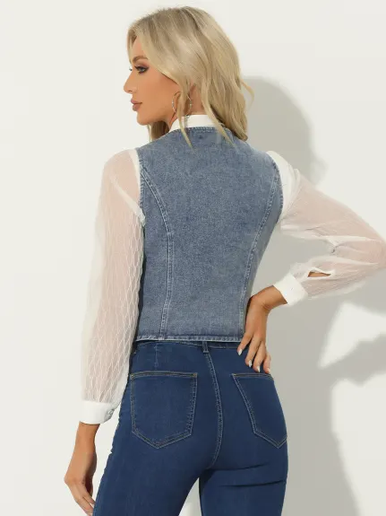 Allegra K - Veste gilet en denim lavé boutonnée à col en V