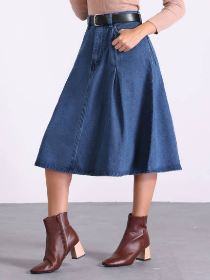 Allegra K- Pleated High Waist A-Line Denim Skirt