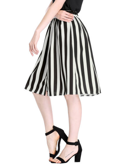 Allegra K - Button A-Line Striped Midi Skirt