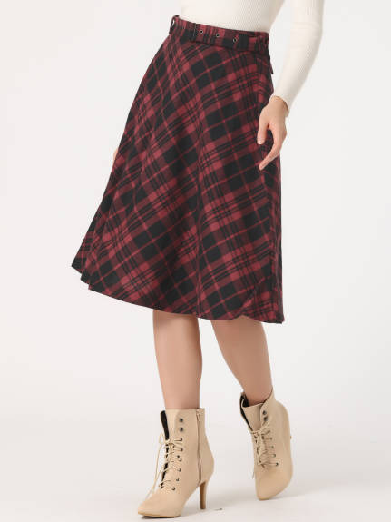 Allegra K- Plaid Tartan Belted A-Line Midi Skirt