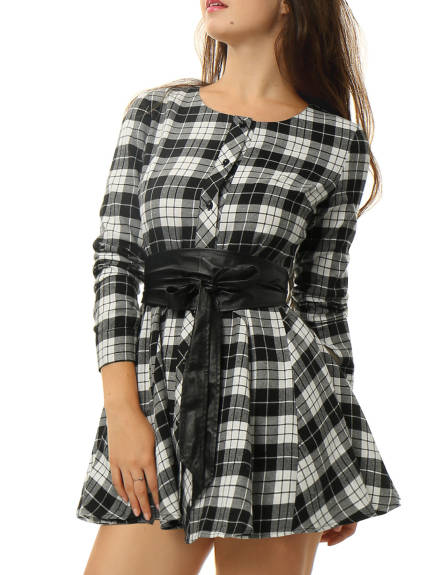 Allegra K- Plaid Long Sleeve Belted A-Line Shirt Dress