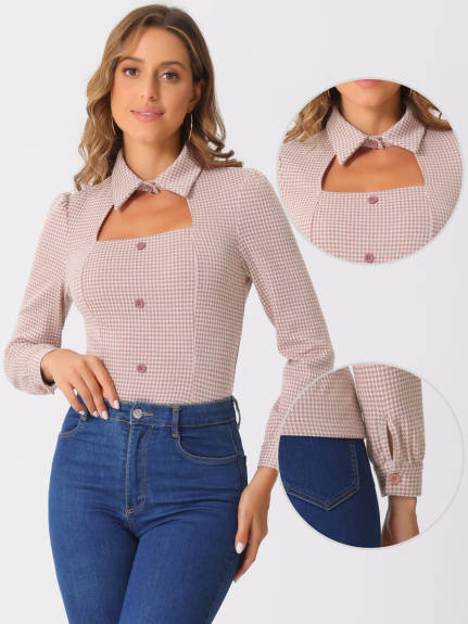 Allegra K- Houndstooth Print Choker Neck Puff Sleeve Blouse