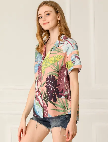 Allegra K- Beach Tropical Floral Leaves Button Down Shirt