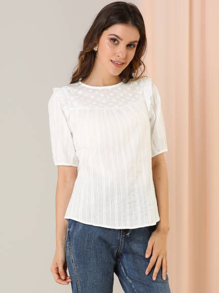 Allegra K - Cotton Round Neck Short Sleeve Ruffle Top