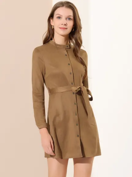 Allegra K- Long Sleeve Faux Suede Belted Button Down Dress
