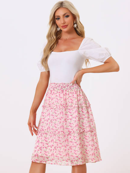 Allegra K- Smocked Waist Ruffle Tiered Floral Skirt