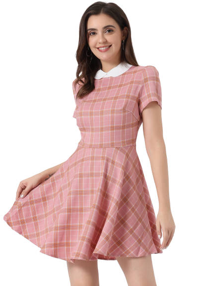 Allegra K- Peter Pan Collar Puff Sleeves Above Knee Plaid Grid Dress