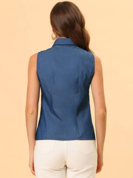 Allegra K - Chambray Button Sleeveless Collar Shirt