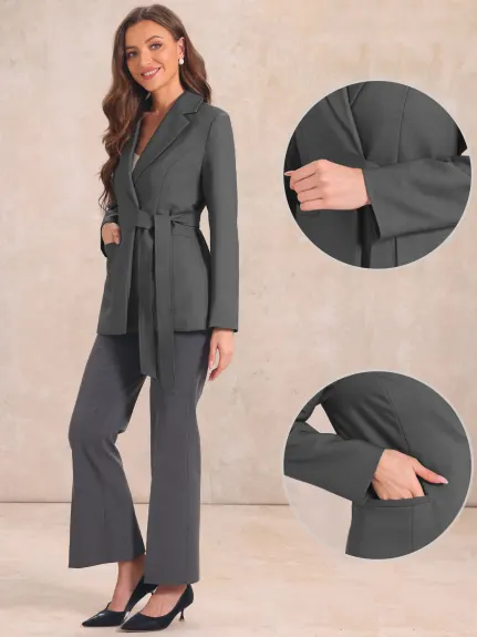 Allegra K- Long Sleeve Belted Jacket Suit Blazer