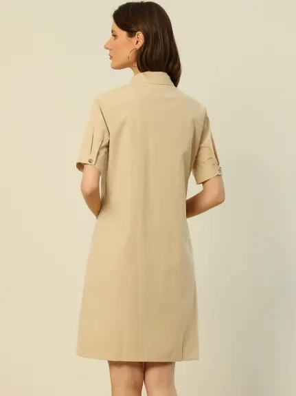 Allegra K- Button Down Safari Pocket Belted Shirt dress