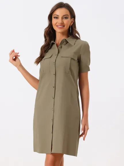 Allegra K- Button Down Safari Pocket Belted Shirt dress