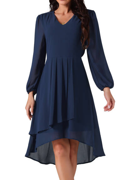 Allegra K - V Neck Lantern Sleeve Pleated Midi Dress