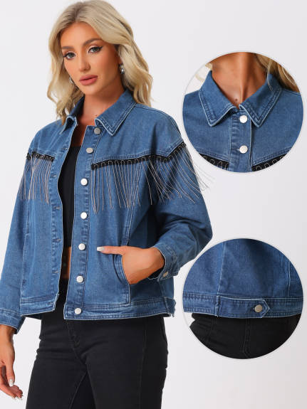 Allegra K- Beads Fringe Button Denim Jean Jackets