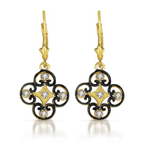 Genevive Sterling Silver Black And 14k Yellow Gold Plated Lace Deco with Clear Cubic Zirconia Leverback Drop Earrings