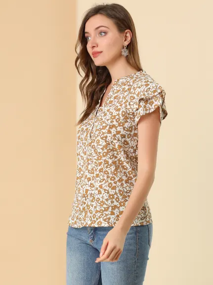 Allegra K - Summer Floral Button V Neck Peasant Top