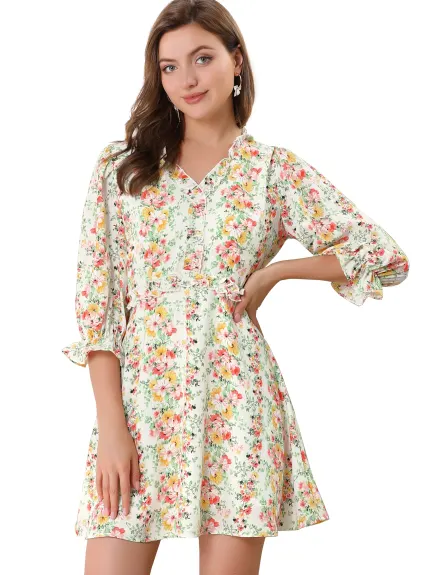 Allegra K- Ruffle 3/4 Sleeve A-Line Floral Flare Dress