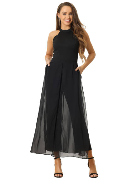 Allegra K - Sleeveless Halter Neck Elegant Chiffon Jumpsuit