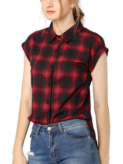 Allegra K- Plaid Short Sleeve Button Down Shirt