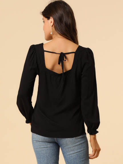 Allegra K - Tie Back Puff Sleeve Square Neck Button Blouse