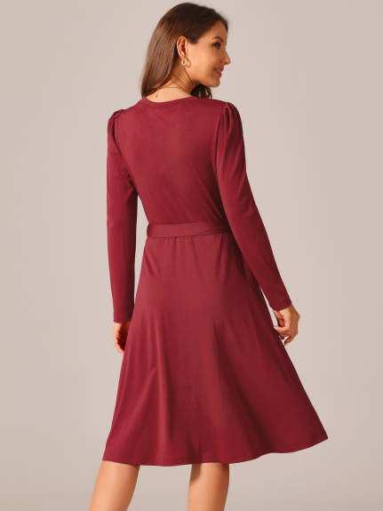 Allegra K - Puff Long Sleeve Tie Waist Casual Dress