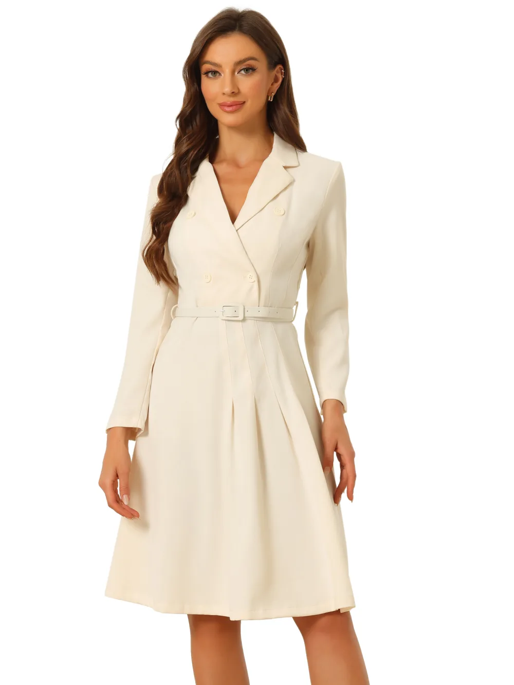 Allegra K- Elegant Notched Collar Belted Pleated Dress