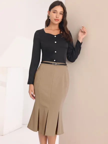 Hobemty- Below Knee Lenght Fishtail Skirt with Belt