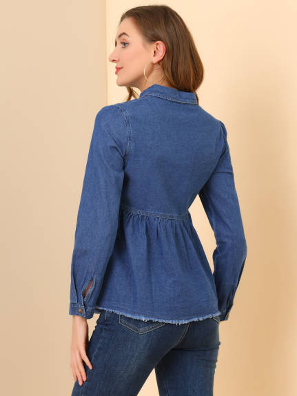 Allegra K- Long Sleeve Peplum Button Down Denim Shirt