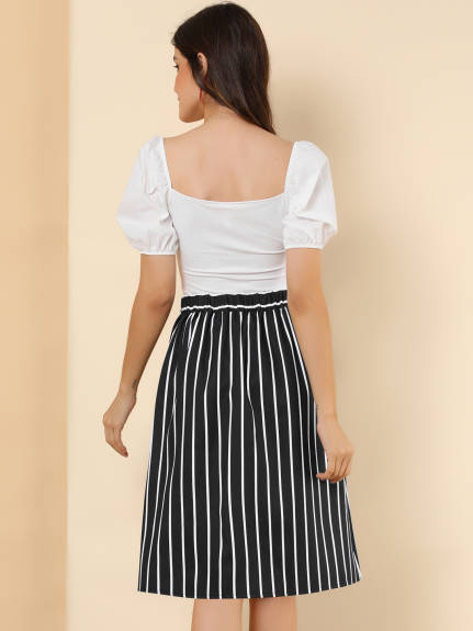 Allegra K - Button A-Line Striped Midi Skirt