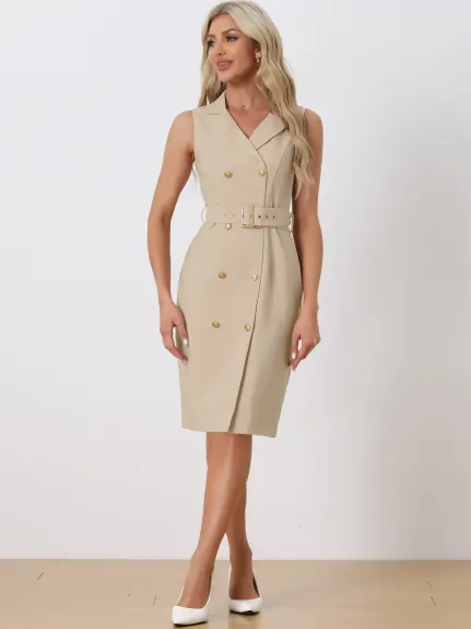 Allegra K- Sleeveless Notched Lapel Double Breasted Belted Blazer Dress