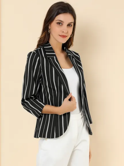 Allegra K- Striped 3/4 Sleeves Open Front Notched Lapel Blazer