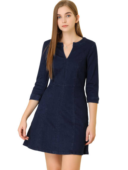 Allegra K- Stretchy Split Neck 3/4 Sleeve Denim Dress