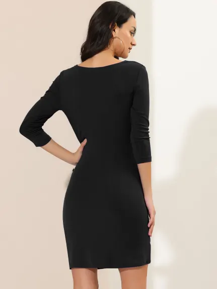 Allegra K- V Neck Ruched 3/4 Sleeves Wrap Bodycon Dress