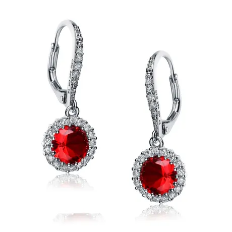 Genevive Sterling Silver with Colored Round Cubic Zirconia Halo Drop Earrings