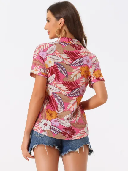 Allegra K- Beach Tropical Floral Leaves Button Down Shirts