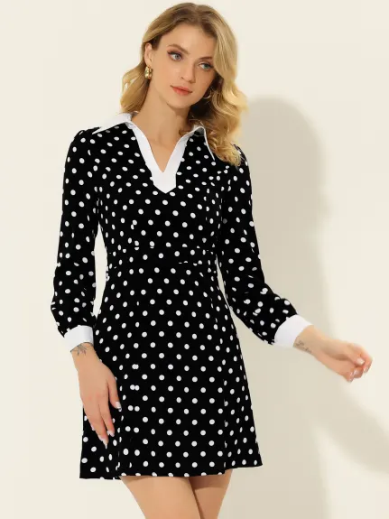 Allegra K- Contrast Cuff Polka Dots a Line Long Sleeve Dress